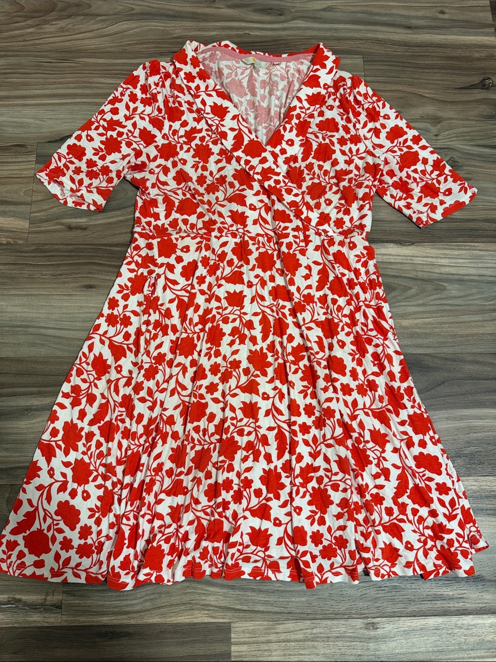 Boden Fixed Wrap Jersey Dress US 12R Botanical Floral Print Red Orange Midi